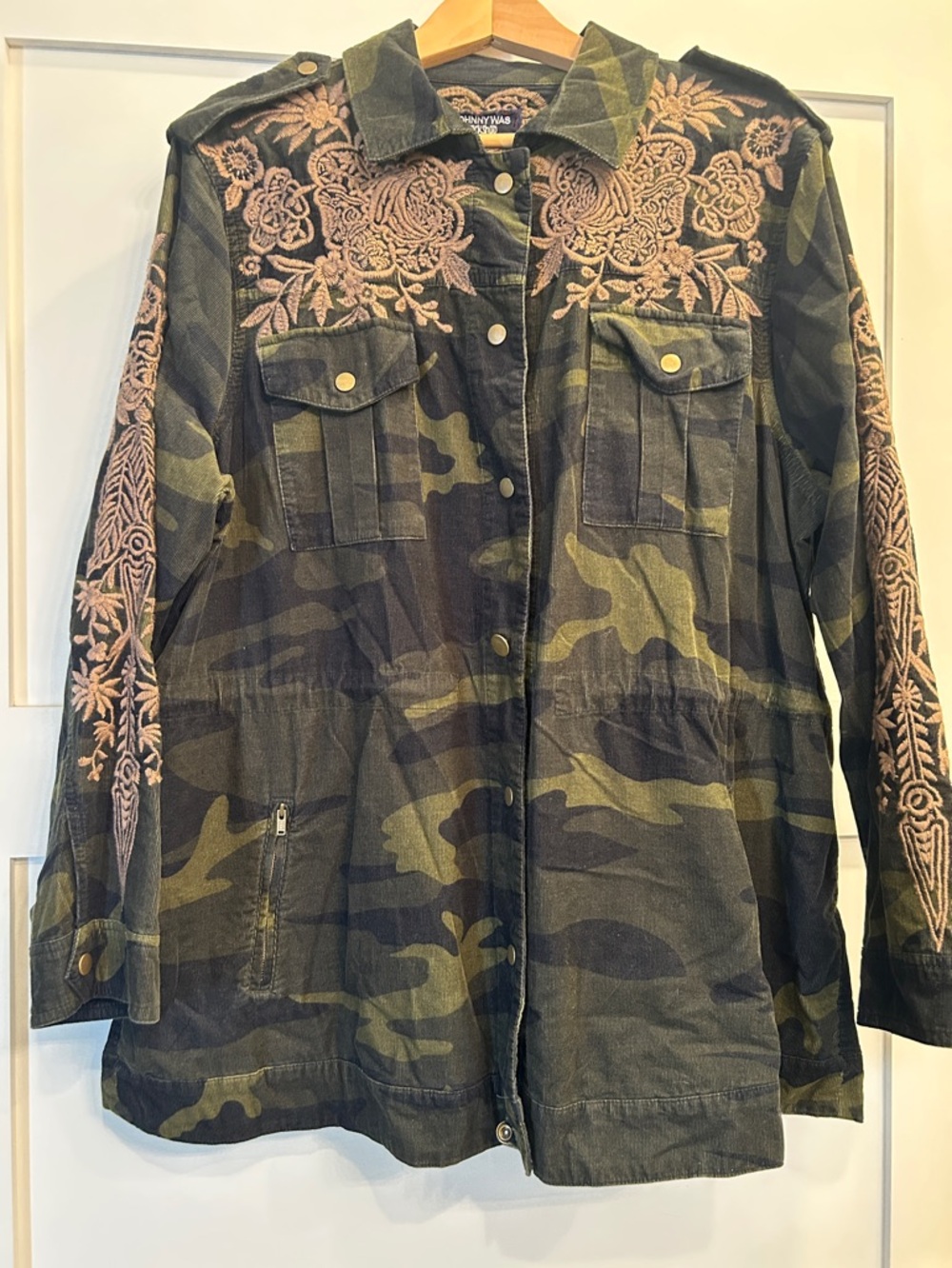 Johnny Was Embroidered Camo Utility Jacket - Olive Pink